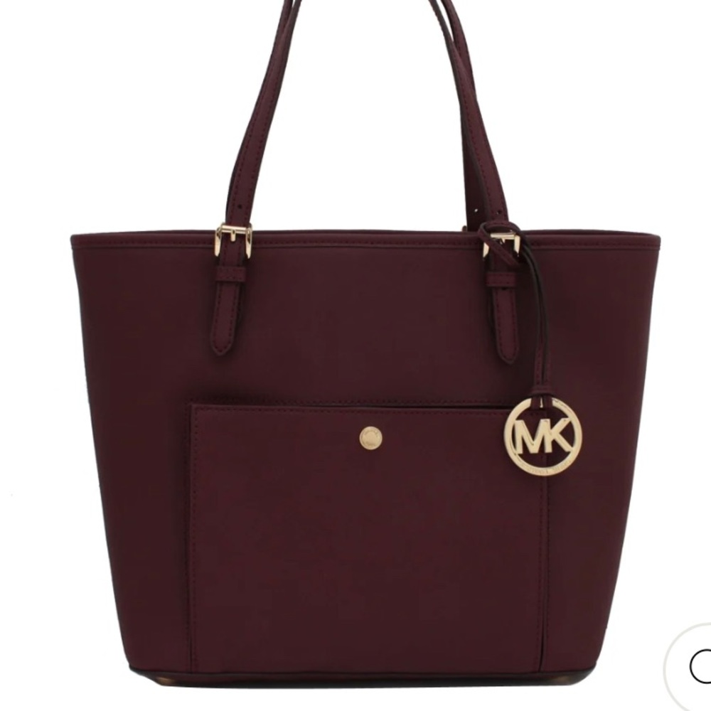 Michael Kors Jet Set Snap Pocket Leather Tote Maroon